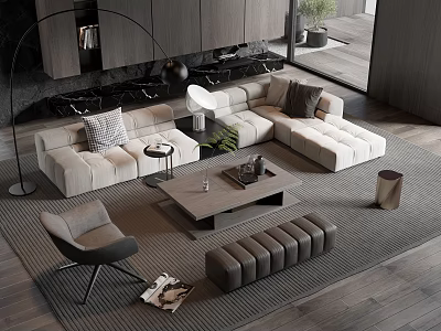 Modern Beige L Shaped Sofa With Gray Coffee Table Floor Lamp Accent Chair And Magazines 3d model