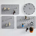 Modern Wall Decor With Gray Pegboards Hooks Keys Vases Small Plants And Clock 3d model