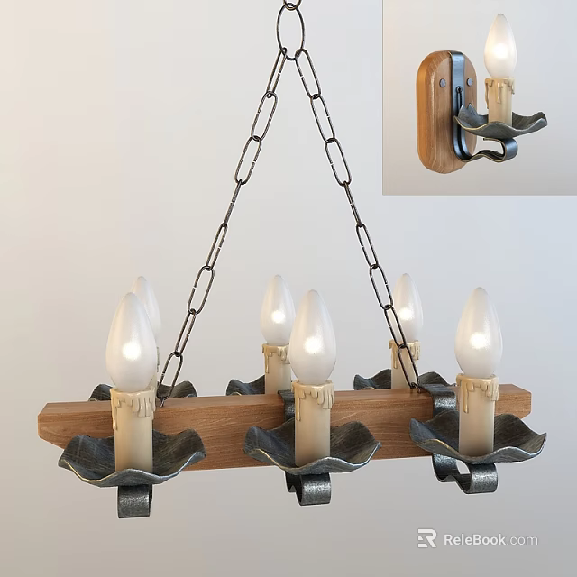 Rustic Wooden And Metal Lighting Combination With Candle Shaped Bulbs Chandelier And Wall Sconce 3d model 