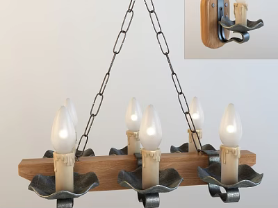 Rustic Wooden And Metal Lighting Combination With Candle Shaped Bulbs Chandelier And Wall Sconce 3d model
