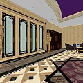 Elegant Store Front Desk Interior With Purple Ceiling Design Marble Floor And Sofa Seating 3d model
