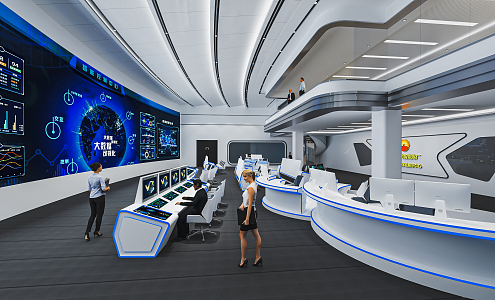 Modern monitoring room Command control room Dispatching command center Monitoring hall Command hall Office desks and chairs 3d model