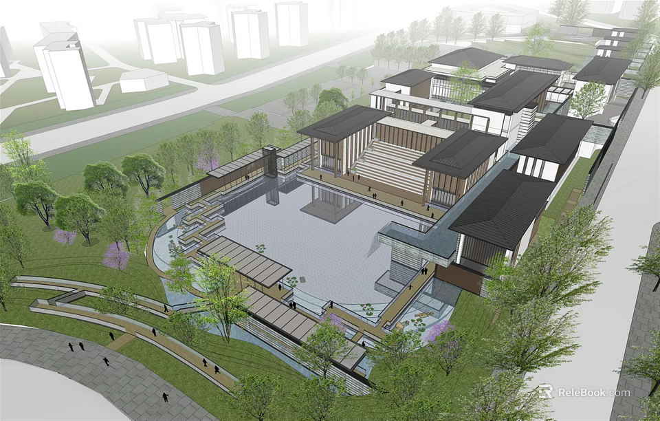 Modern Chinese Courtyard Garden With Pool Traditional Architecture Stone Paths And Greenery 3d model 