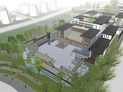 Modern Chinese Courtyard Garden With Pool Traditional Architecture Stone Paths And Greenery 3d model
