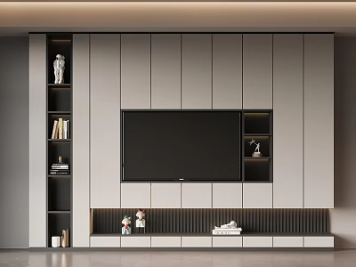 Modern Light Gray TV Cabinet With Large Screen Open Shelves And Decorations 3d model