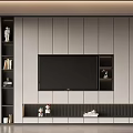 Modern Light Gray TV Cabinet With Large Screen Open Shelves And Decorations