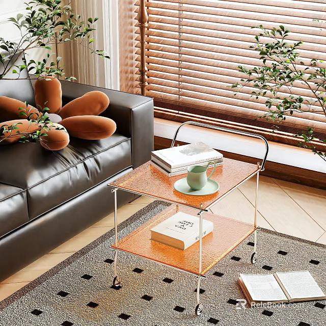 Transparent Glass Top Side Table With Metal Frame Books And Cup Near Black Leather Sofa 3d model 