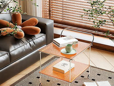 Transparent Glass Top Side Table With Metal Frame Books And Cup Near Black Leather Sofa 3d model