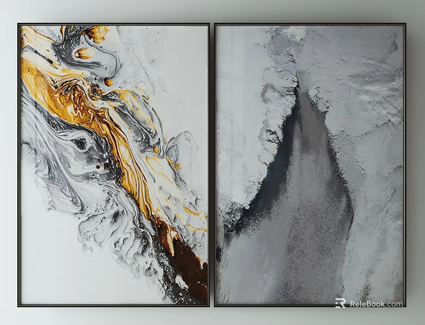Abstract Paintings With Gold Gray Black And White Fluid Textures For Wall Decor 3d model 