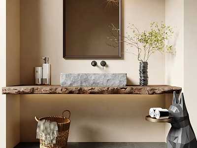 Minimalist Bathroom Washbasin With Stone Sink Wooden Countertop Wall Mirror Green Plant Vase And Wicker Basket 3d model