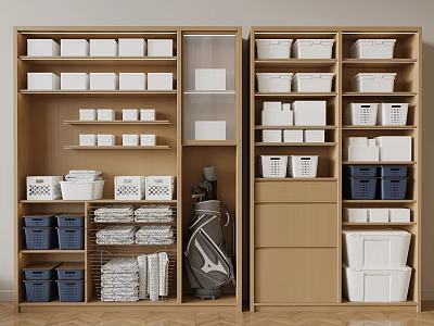 Wooden Storage Cabinet Rack With Organized Storage Baskets Boxes Folded Items And Golf Bag 3d model