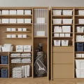 Wooden Storage Cabinet Rack With Organized Storage Baskets Boxes Folded Items And Golf Bag