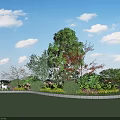 Lush Shrubs in Circular Garden Area with Central Trees Flowers and Blue Sky