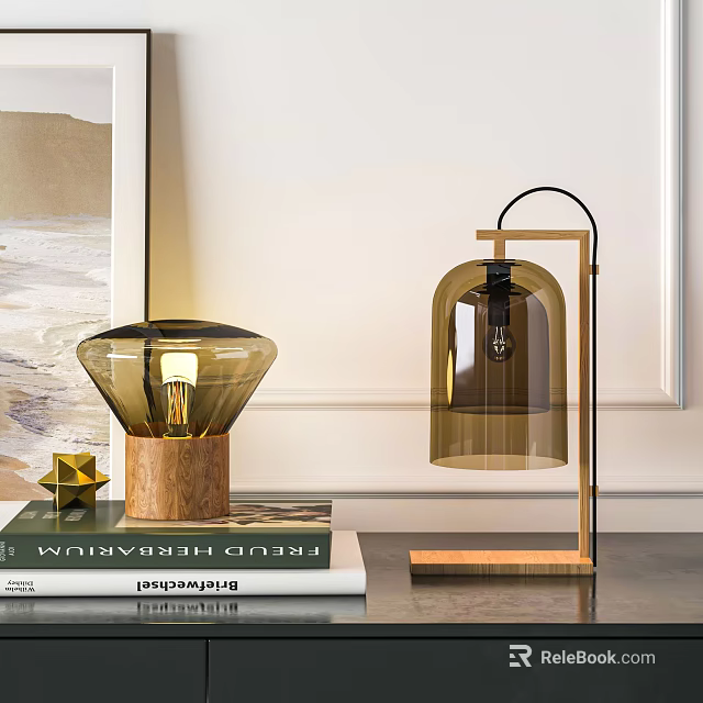 Modern Style Table Lamp With Glass Shade Wooden Base And Metal Frame Design 3d model 