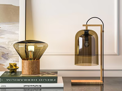 Modern Style Table Lamp With Glass Shade Wooden Base And Metal Frame Design 3d model