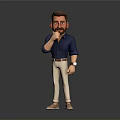 A Man in Blue Shirt White Pants Hand on Chin Thinking Pose against Gray Background