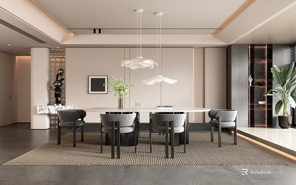 Modern Restaurant Interior With Round Table Grey Chairs Pendant Lights And Area Rug 3d model 