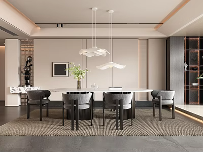 Modern Restaurant Interior With Round Table Grey Chairs Pendant Lights And Area Rug 3d model