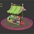 Cartoon Scene With Wooden Stall Red White Striped Awning Colorful Flags Pumpkin And Green Grass