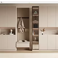 Modern Beige Shoe Cabinet In Entryway With Coat Hanger Bench And Decorative Items
