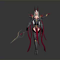 Woman in Red and Black Outfit with Horned Headdress Holding Spear and Flowing Ribbons 3d model