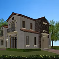 Detached Villa Exterior with Red Tile Roof White Brown Brick Balcony Windows and Green Trees