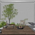 Modern Courtyard Garden With Wooden Floor Leisure Chairs Green Plants Striped Wall And Fire Pit