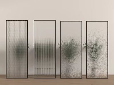 Glass Room Partition with Textured Frosted Glass Panels White Wall and Indoor Plants 3d model