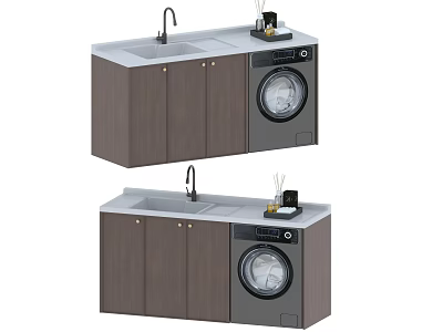 Modern Laundry Cabinet Setup With Sink Faucet Washing Machine And Gray Countertops 3d model