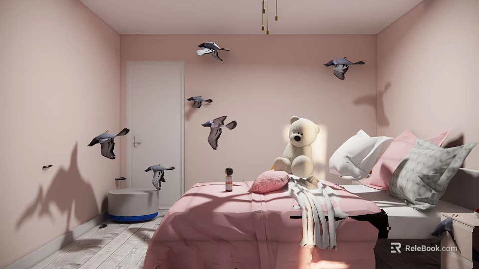 Cozy Kids Room With Pink Walls Bird Decorations Teddy Bear And Pink Bedding 3d model 
