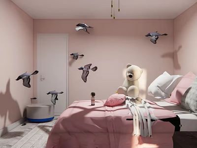 Cozy Kids Room With Pink Walls Bird Decorations Teddy Bear And Pink Bedding 3d model