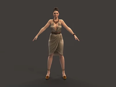Woman wearing beige dress necklace bracelet belt high heels with arms outstretched against gray background 3d model