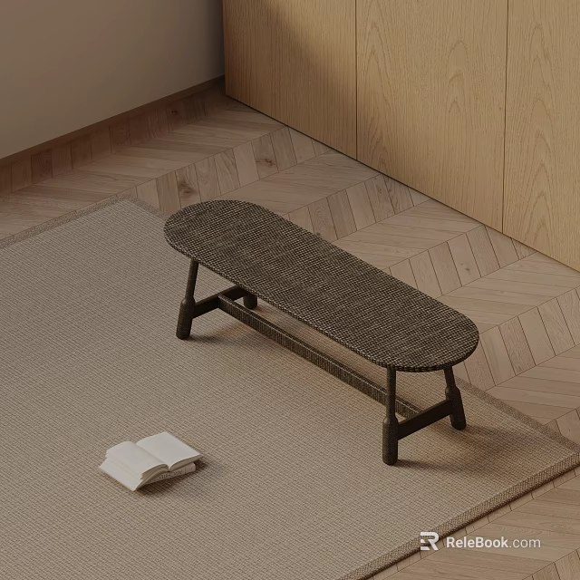 Wicker Sofa Bench With Black Metal Legs On Beige Rug Near Wooden Cabinets And Book 3d model 