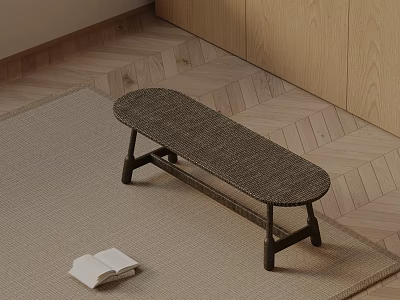 Wicker Sofa Bench With Black Metal Legs On Beige Rug Near Wooden Cabinets And Book 3d model