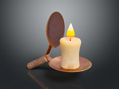 Decorative Lit Candle With Metal Spoon Wooden Handle On Metal Tray 3d model
