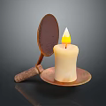 Decorative Lit Candle With Metal Spoon Wooden Handle On Metal Tray