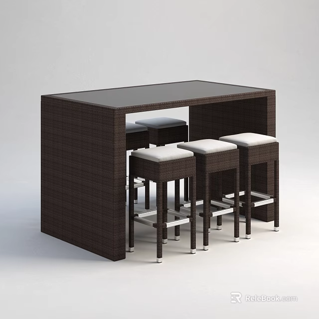 Brown Woven Bar Counter with Black Top and Four Stools Featuring White Cushions Silver Legs 3d model 
