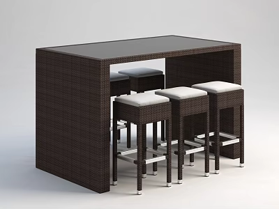 Brown Woven Bar Counter with Black Top and Four Stools Featuring White Cushions Silver Legs 3d model