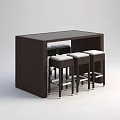Brown Woven Bar Counter with Black Top and Four Stools Featuring White Cushions Silver Legs