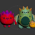 Cute Three Smiling Spiky Red Green Yellow Monster Toy Creatures Standing Together