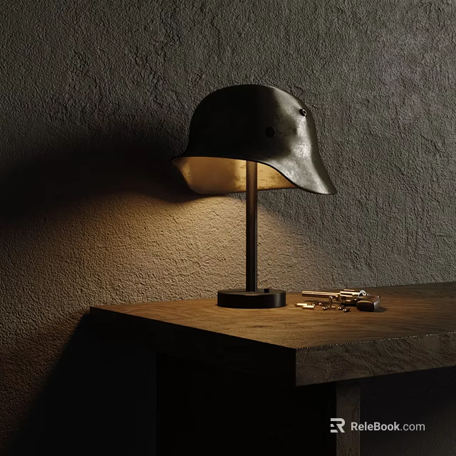 Vintage Helmet Designed Table Lamp With Warm Glow On Wooden Desk And Textured Wall 3d model 