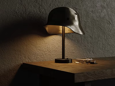 Vintage Helmet Designed Table Lamp With Warm Glow On Wooden Desk And Textured Wall 3d model