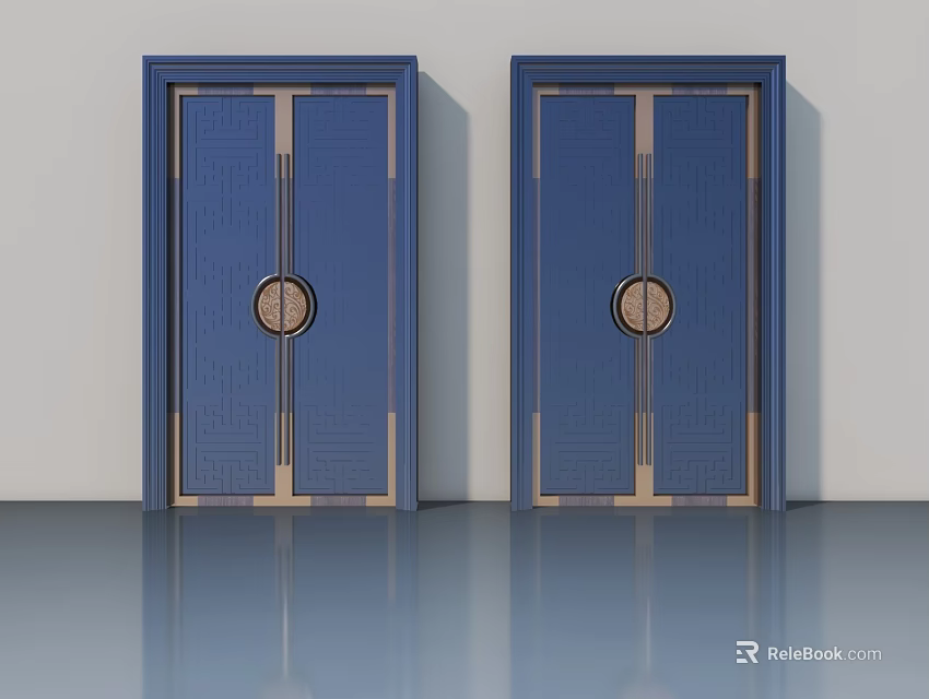 Blue Swing Doors With Golden Accents And Circular Handles Modern Design 3d model