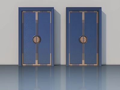 Blue Swing Doors With Golden Accents And Circular Handles Modern Design 3d model