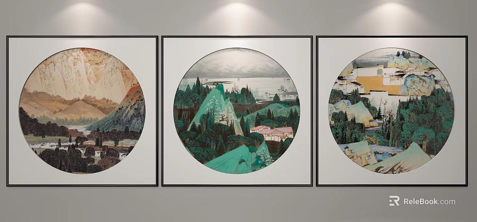 Three Circular Landscape Paintings Featuring Mountain Tree Building Elements Black Framed Wall Art With Lighting 3d model