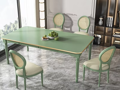 Elegant Green Rectangular Dining Table Set With Rattan Back Chairs And Beige Seats 3d model