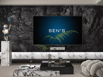 Modern TV Background Wall With Dark Stone Marble Sculpture And Plant 3d model