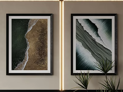 Abstract Paintings with Ocean Waves and Beach Scenery on Wall and Green Plants 3d model