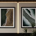 Abstract Paintings with Ocean Waves and Beach Scenery on Wall and Green Plants