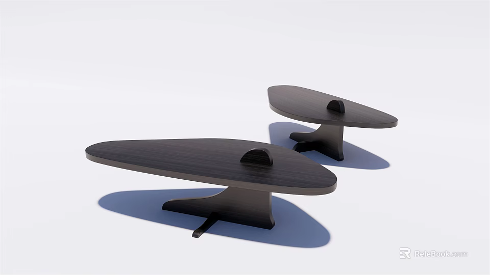 Two Modern Black Coffee Tables With Unique Curved Tops And Small Decor Items On Surface 3d model 